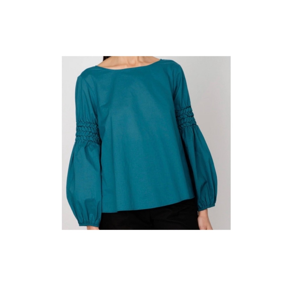 MERLETTE Miombo Top Women Small Teal Blue Smocked Long Sleeve V-Neck Cotton